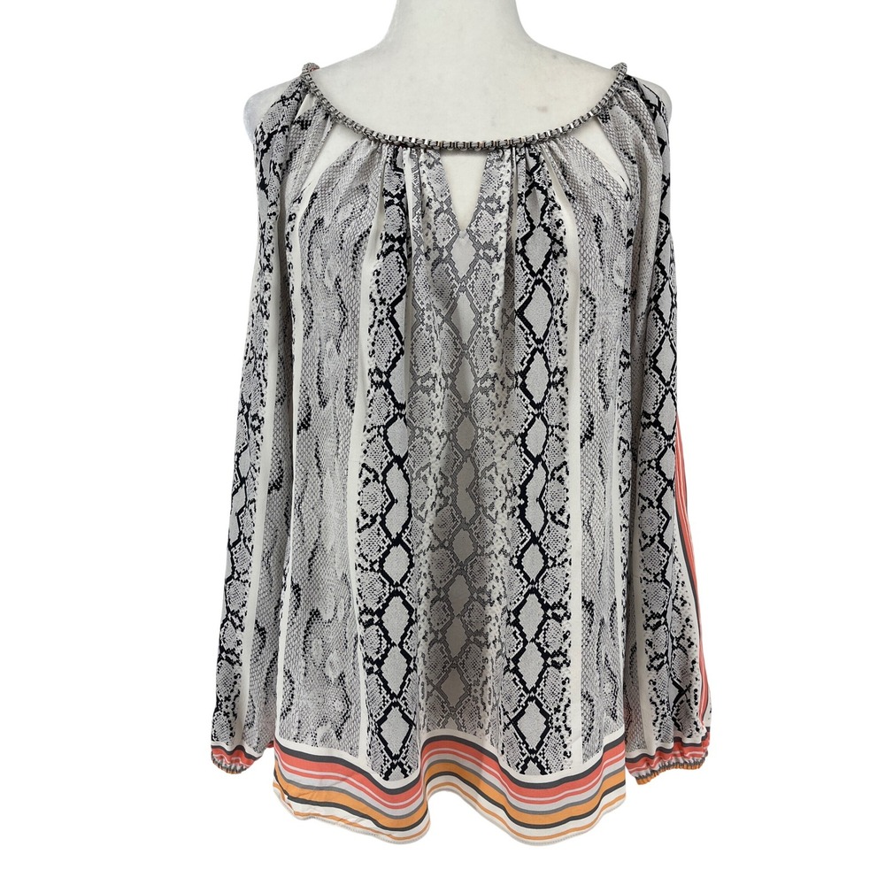 Ramy Brook Silk Snakeskin Cold Shoulder Blouse Grey Orange Chain Neck Small